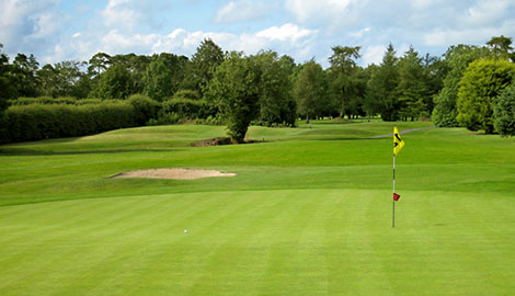View of the green with a flag overlooking the fairway including a small sand trap.