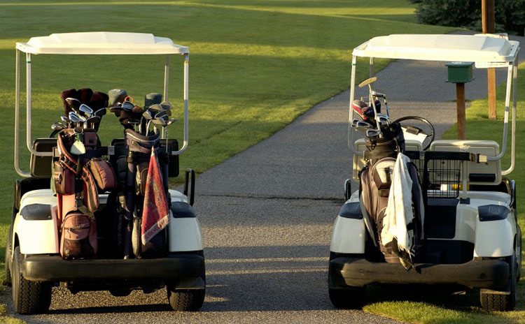 two golf carts on the paved path